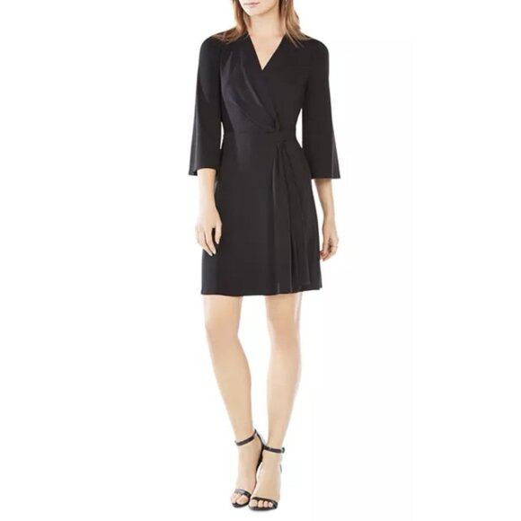 BCBGMaxAzria Dress Black Extra Small XS 0 2 4 Stretch 3/4 Sleeve Faux Wrap - Picture 1 of 8
